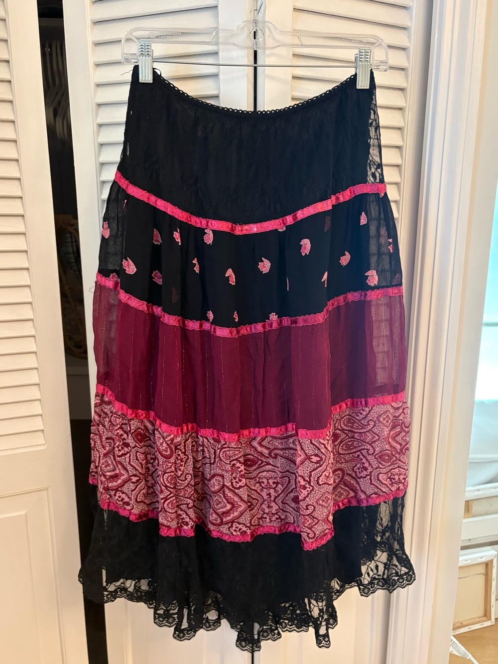 Vintage Y2K Temptation Black Pink Lace Paisley Tiered Skirt Fairy Grunge S